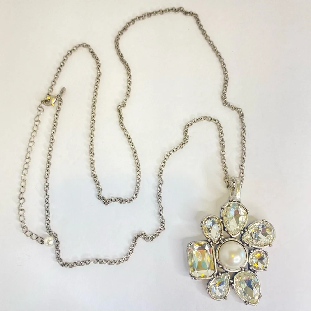 Premier Designs Silver Tone Crystal Flower Pendant Necklace